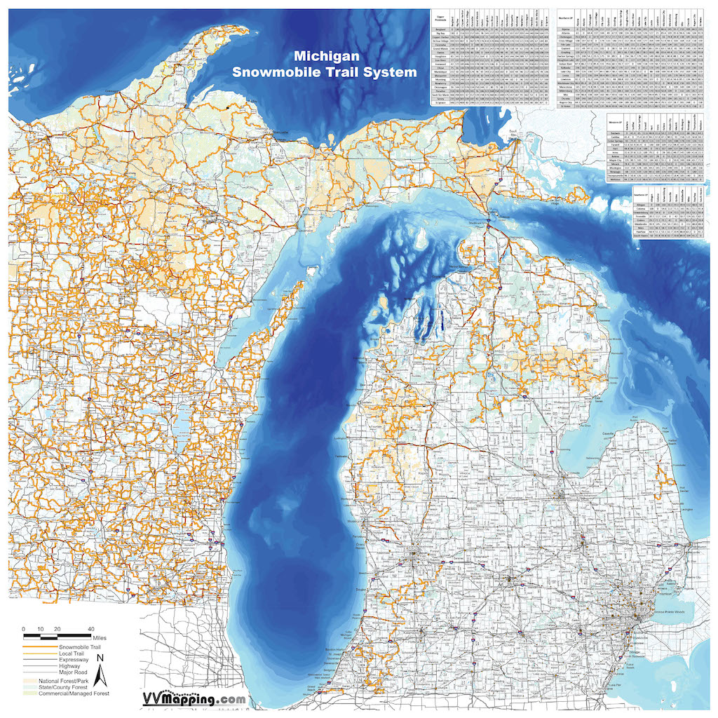 Michigan Wall Map - Snowmobile (image for) Michigan Wall Map - Snowmobile