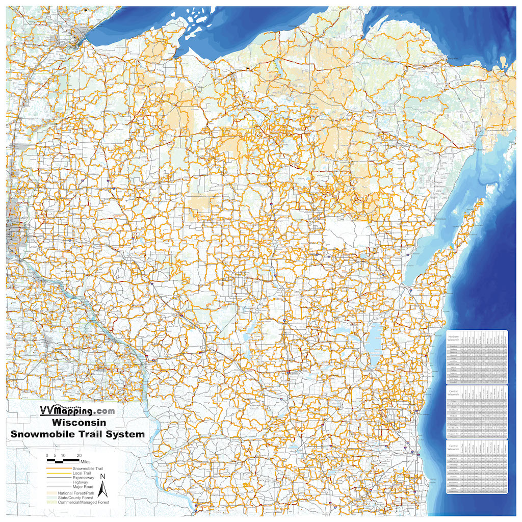 Wisconsin Wall Map - Snowmobile (image for) Wisconsin Wall Map - Snowmobile